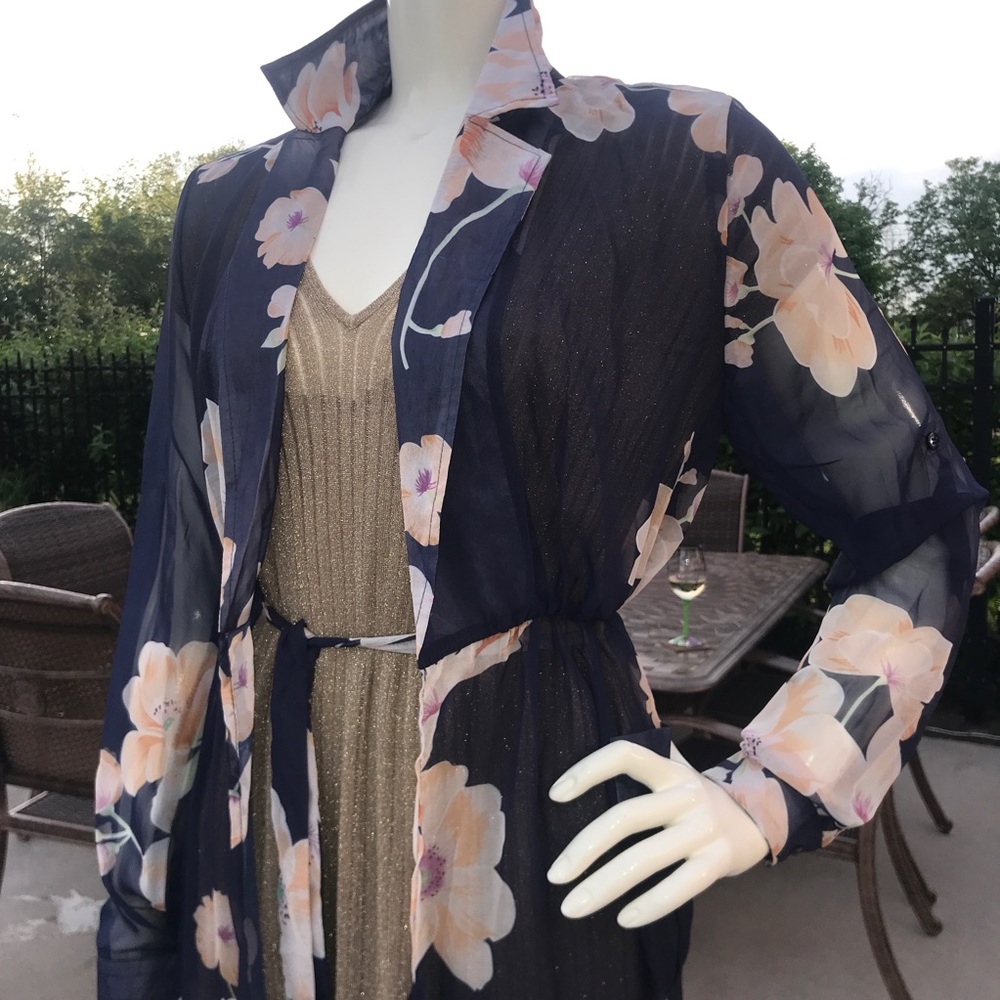 SHEER floral long 3/4 sleeve duster maxi COVER UP - Picture 2 of 16